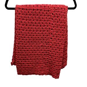 Handmade Red Open Weave Blanket,‎ Throw 34" X 60"